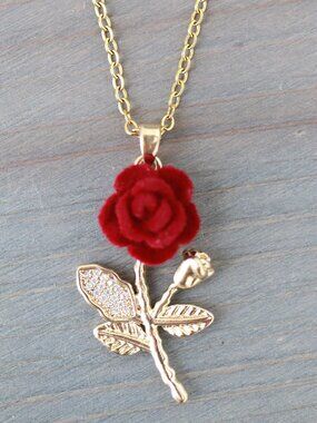 Rose Red Velvet with CZ Diamond Pendant Necklace 18k Gold Plated Stainless Steel